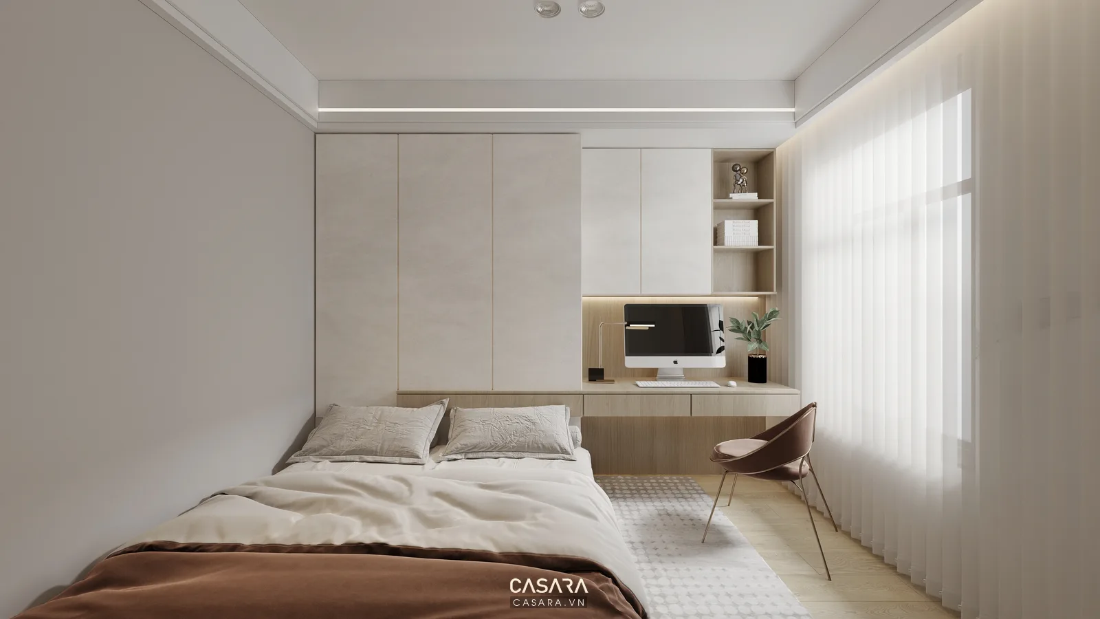 Phòng ngủ phụ kiêm phòng làm việc với bàn cạnh cửa sổ giường đơn và tủ gỗ sáng