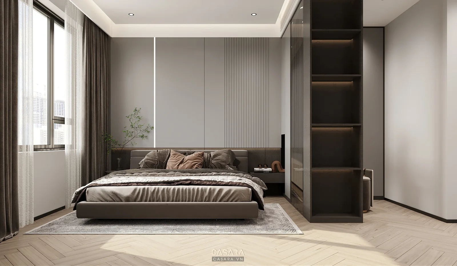 phòng ngủ nhỏ căn hộ chung cư 50m2 với giường và tủ áo âm tường