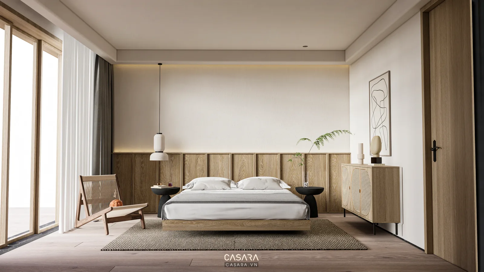 tường đầu giường phòng ngủ trang trí bằng vách gỗ và đèn ngủ