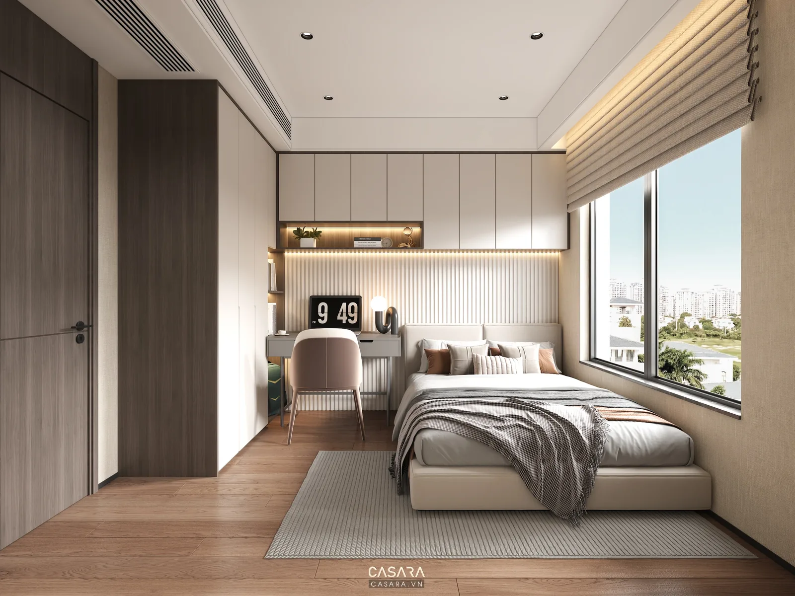 Thiết kế nội thất chung cư nhỏ có góc làm việc cạnh cửa sổ bàn gỗ sáng và kệ sách