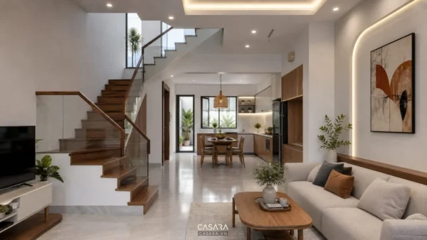 cầu thang chữ l cho nhà nhỏ với bậc gỗ và lan can kính trong nhà phố hiện đại