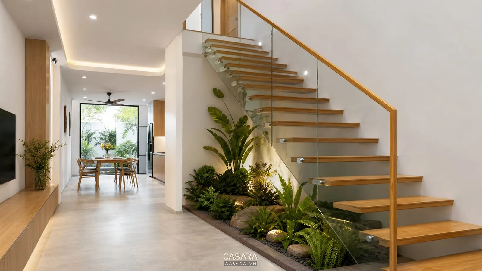 cầu thang đẹp bậc gỗ lan can kính tường sáng trong nhà phố hiện đại