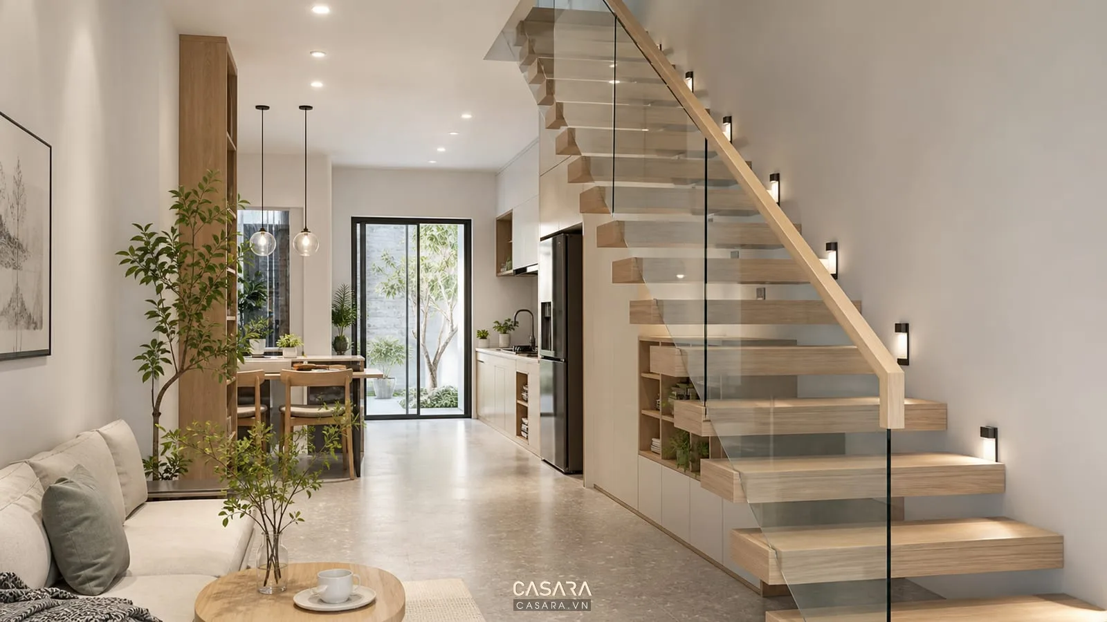 Mẫu cầu thang nhà ống đẹp dạng cầu thang bay với bậc gỗ và lan can kính