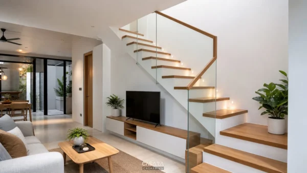 Cầu thang nhà phố đẹp phong cách hiện đại với lan can kính