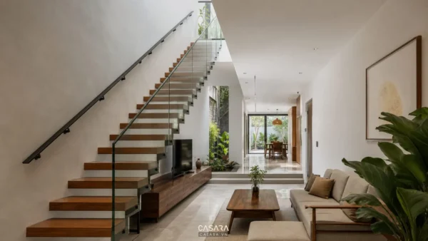 cầu thang dọc nhà ống hiện đại với bậc gỗ và lan can kính