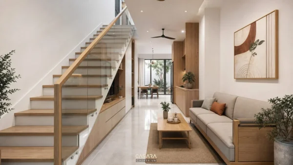 cầu thang dọc nhà ống 4m với bậc gỗ và lan can kính trong phòng khách hiện đại