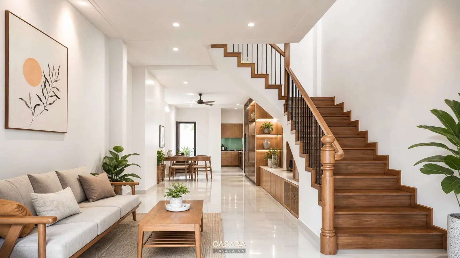 mẫu cầu thang gỗ đẹp cho nhà ống 4m có tay vịn gỗ và tường sáng