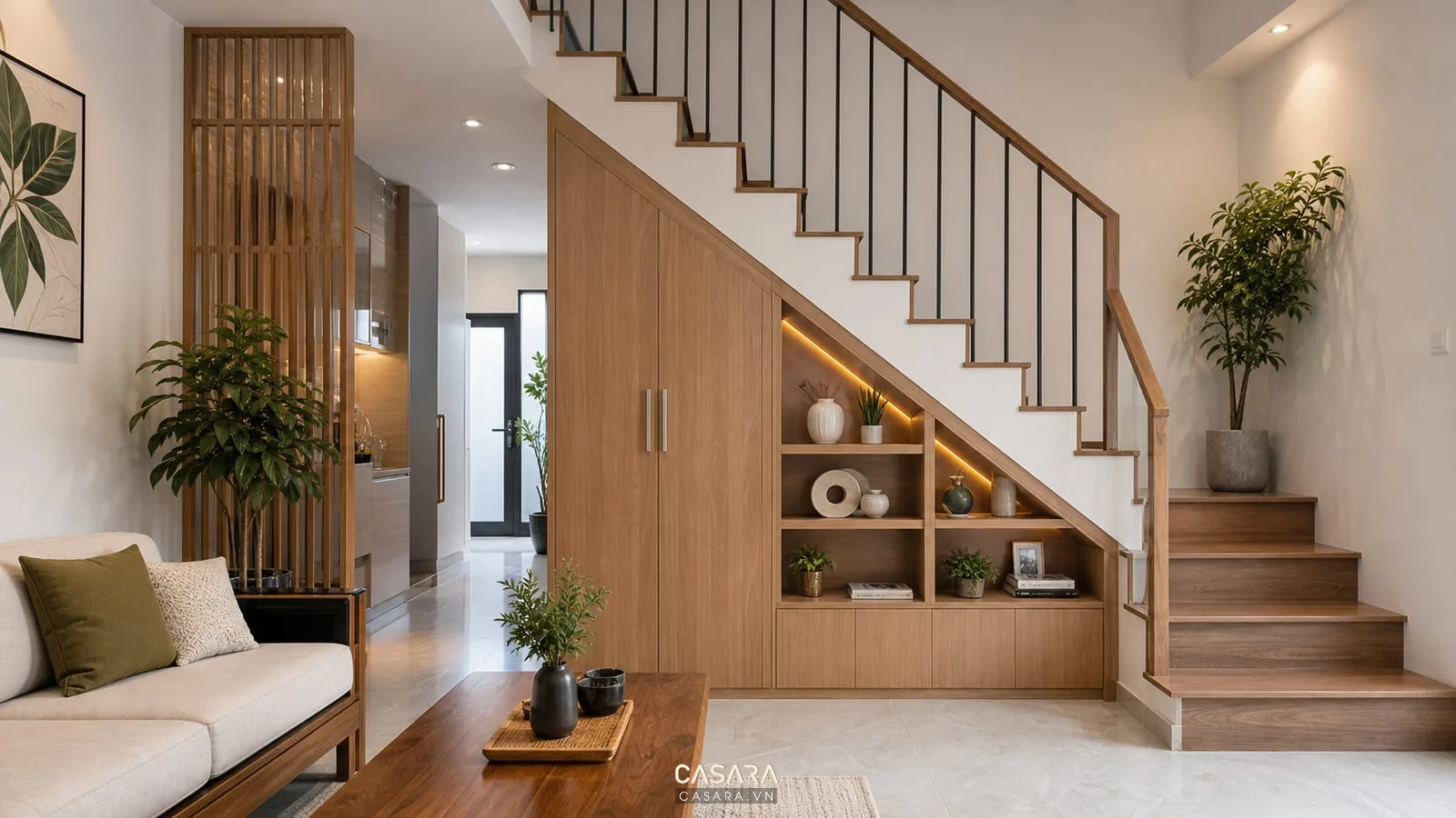 gầm cầu thang nhà ống có tủ lưu trữ gỗ và kệ trang trí