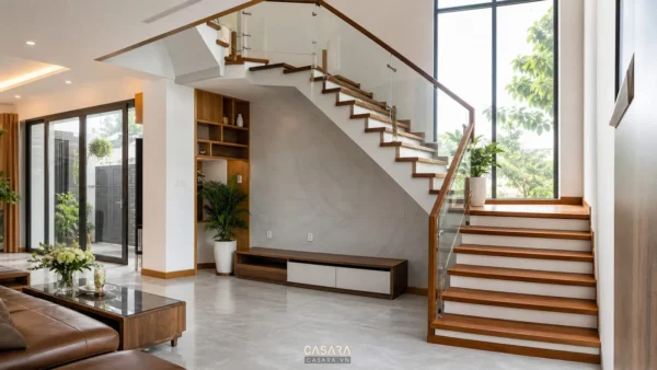 Mẫu cầu thang nhà 2 tầng chữ L với bậc gỗ lan can kính và chiếu nghỉ sáng