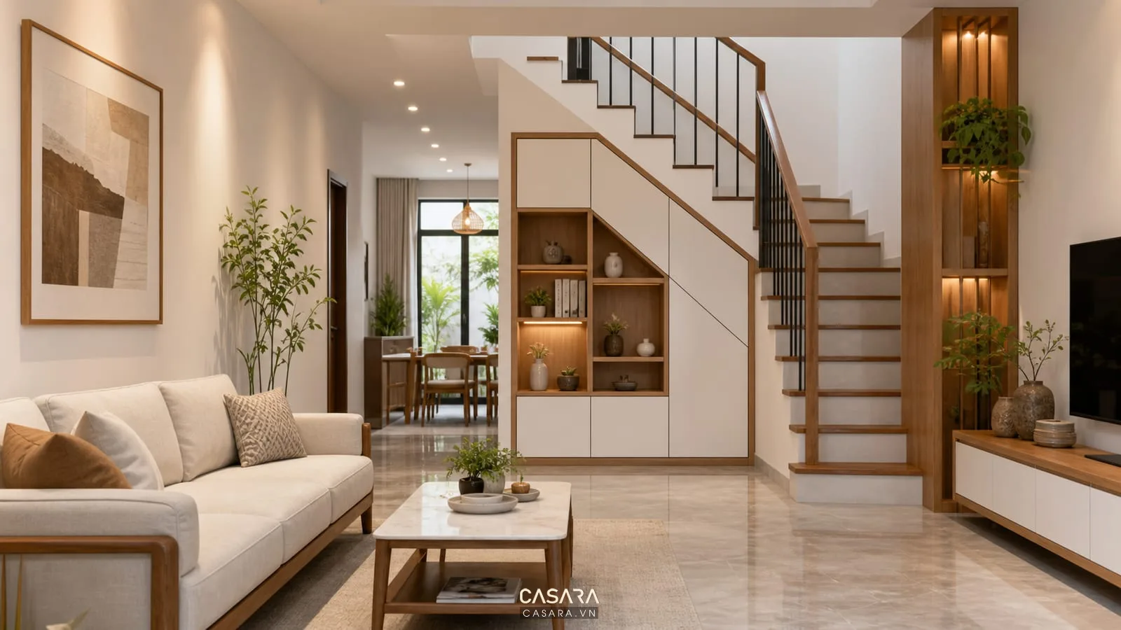 Gầm cầu thang nhà 4m có tủ âm màu trắng và gỗ, kệ trang trí nhỏ, cầu thang bậc gỗ và phòng khách nhà ống gọn gàng