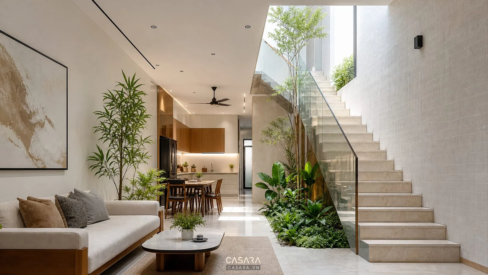 Cầu thang nhà ống 5m với giếng trời cây xanh và lan can kính