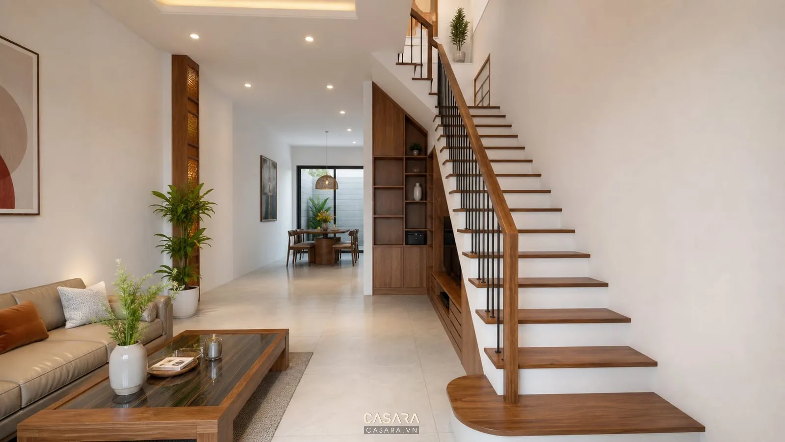 Mẫu cầu thang gỗ đẹp cho nhà ống 4m với tay vịn gỗ và tường sáng