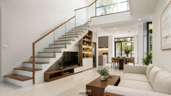 Cầu thang nhà ống hiện đại trong phòng khách nhà phố với bậc gỗ, lan can kính, tường sáng màu, nội thất gọn và ánh sáng tự nhiên