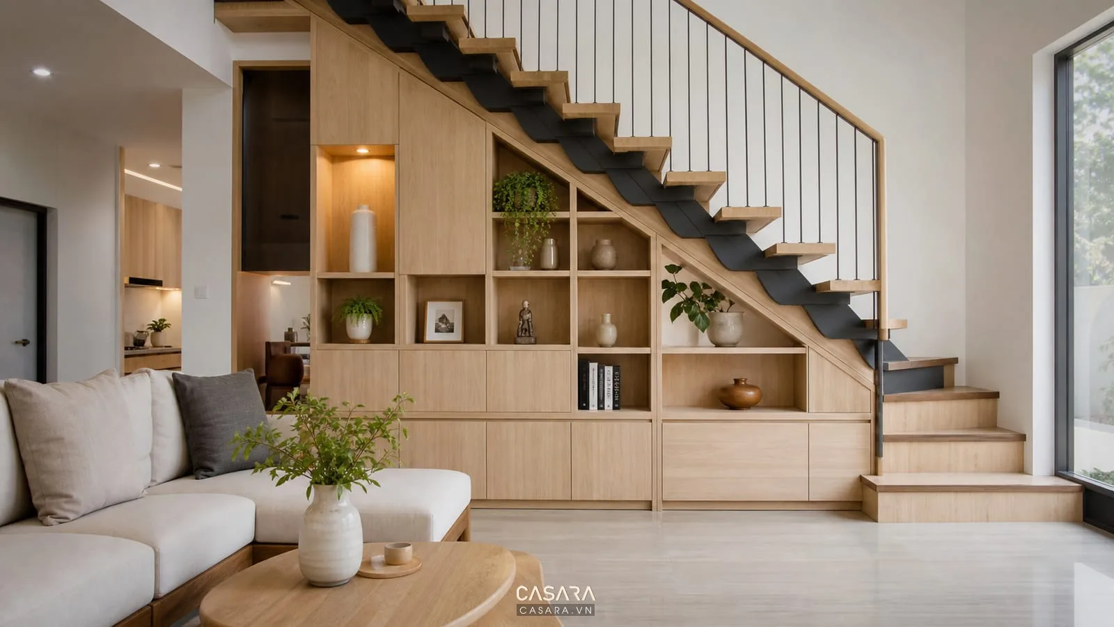 Kệ cầu thang dưới gầm thang nhà phố với tủ gỗ sáng