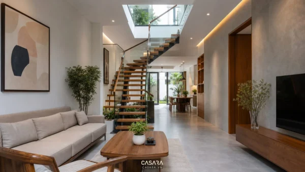 cầu thang nhà ống hiện đại bậc gỗ lan can kính có giếng trời và phòng khách phía trước