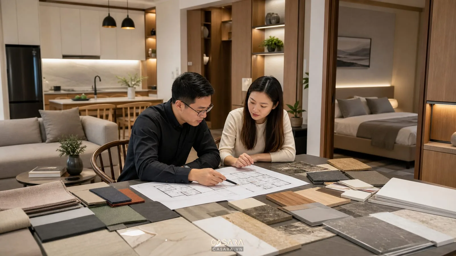 Chi phí thiết kế chung cư với bản vẽ mặt bằng căn hộ và mẫu vật liệu nội thất