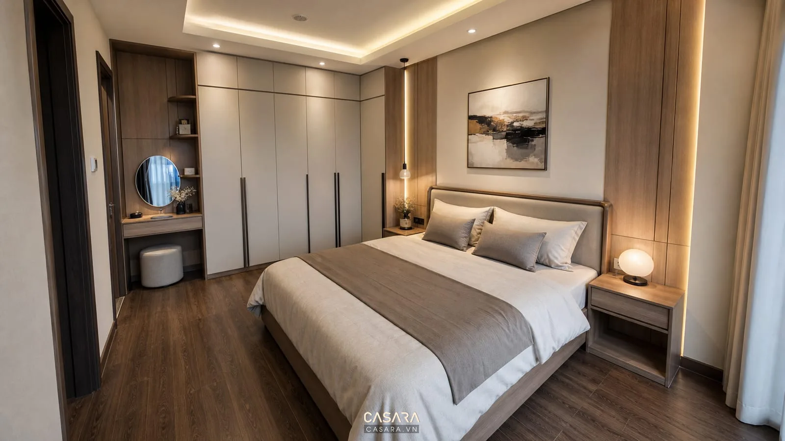 Thiết kế chung cư phòng ngủ với giường, tủ áo và lối đi quanh giường