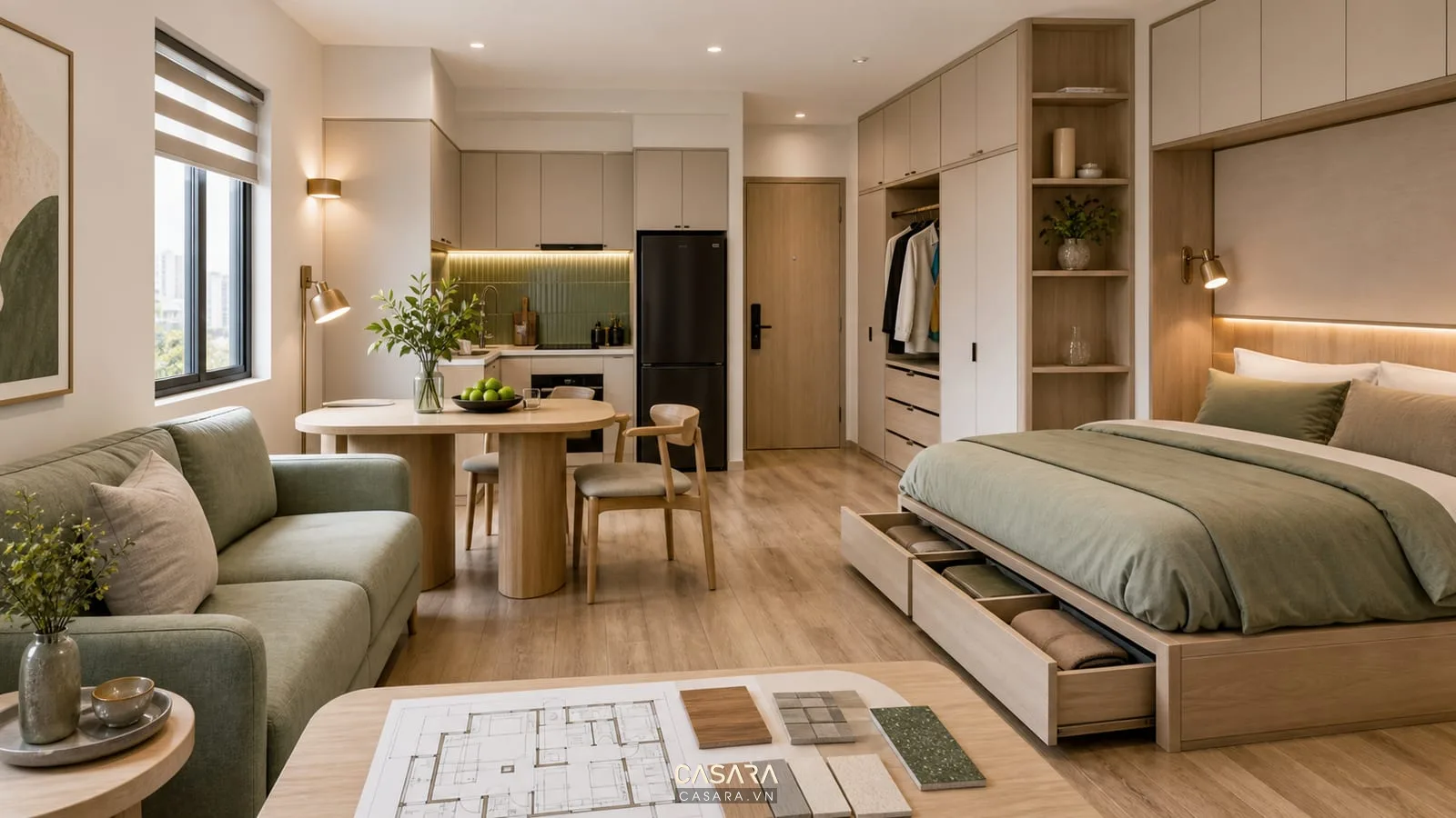 Bản thiết kế chung cư mini với sofa gọn, tủ âm tường và nội thất lưu trữ