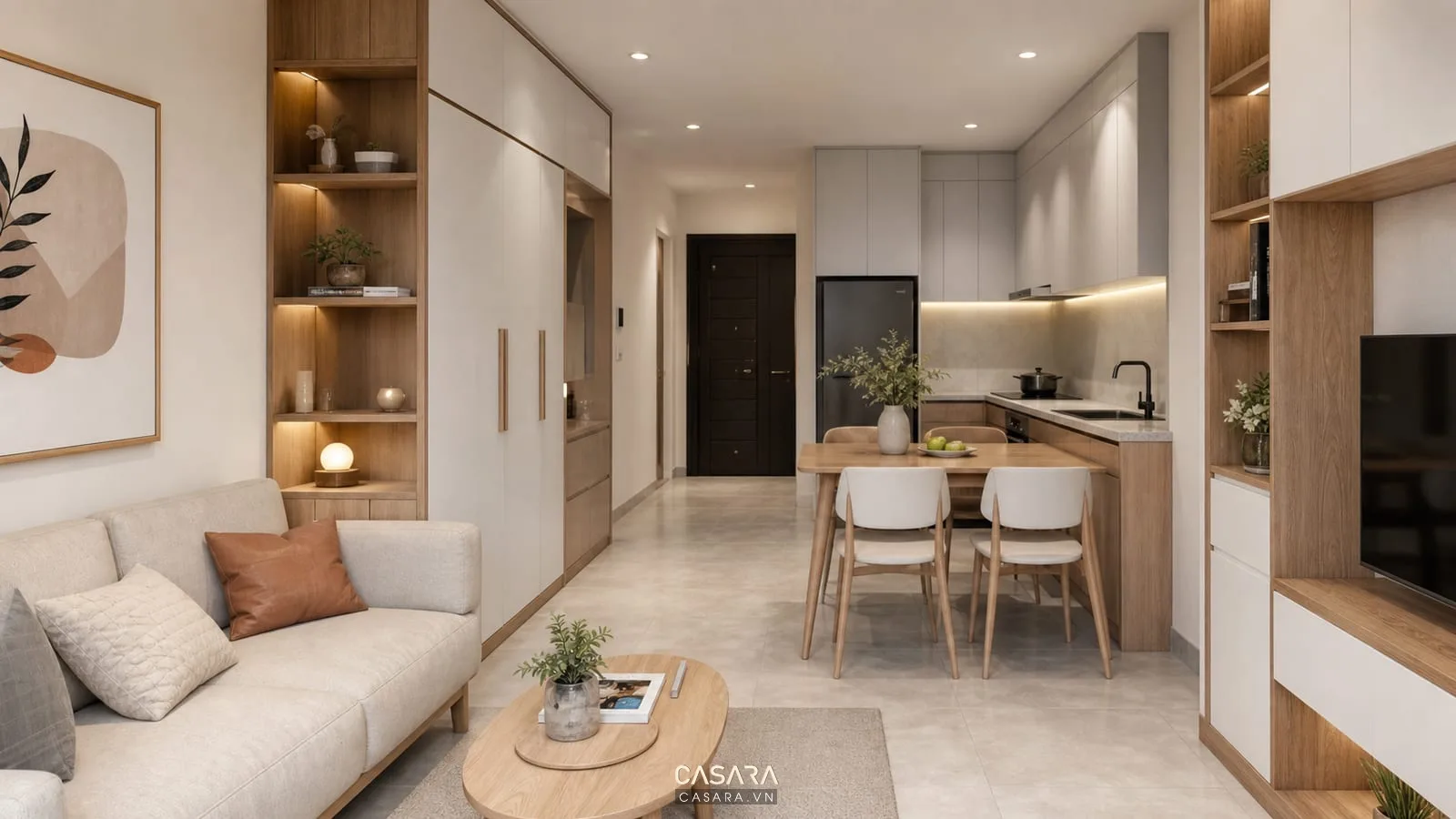 thiết kế chung cư mini 45m2 có phòng khách bếp liên thông và lối đi gọn