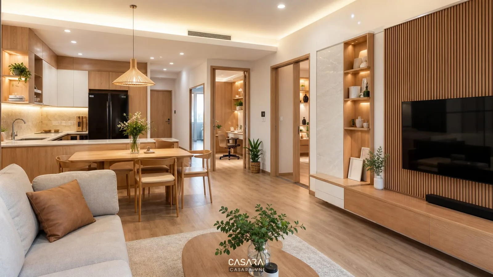 thiết kế chung cư mini 100m2 với phòng khách bếp mở và vật liệu gỗ đồng bộ