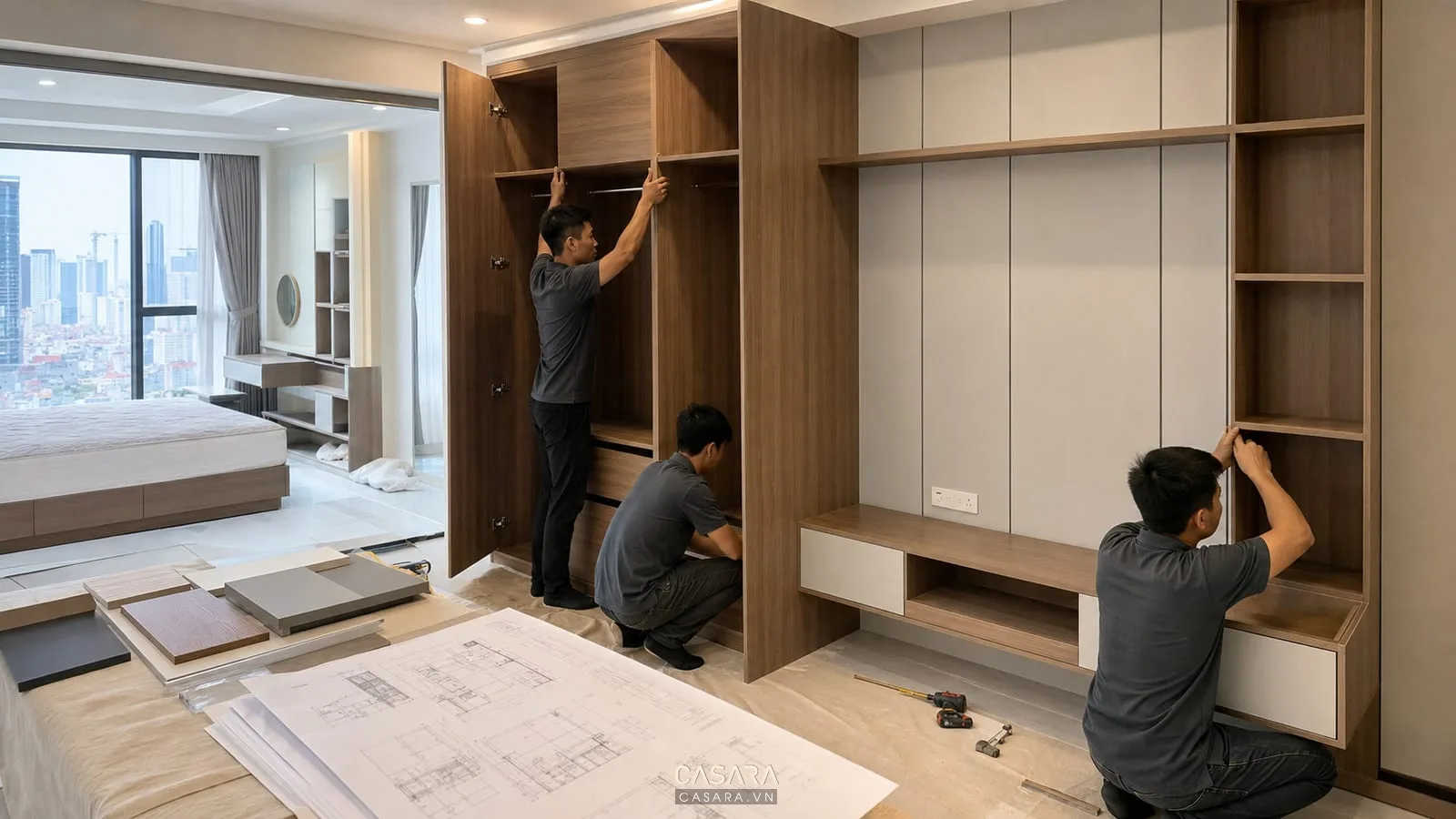 Thi công nội thất phòng ngủ căn hộ 2 phòng ngủ với tủ áo gỗ công nghiệp và bản vẽ kỹ thuật