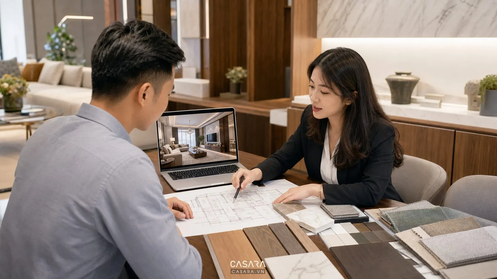 Kiến trúc sư tư vấn nội thất với khách hàng bằng bản vẽ và mẫu vật liệu