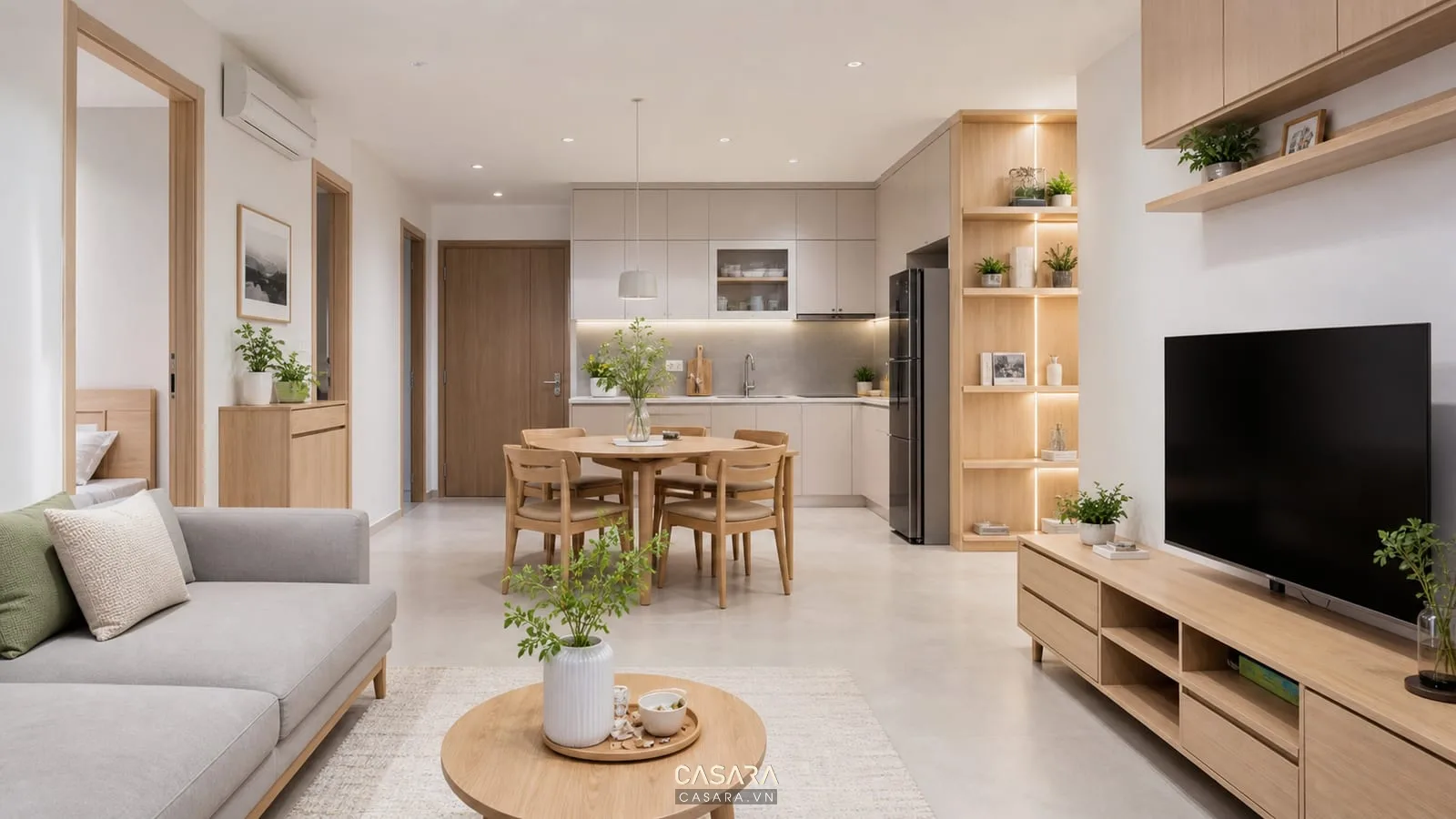 Chung cư 2 phòng ngủ 60m2 có phòng khách bếp mở và nội thất gỗ sáng