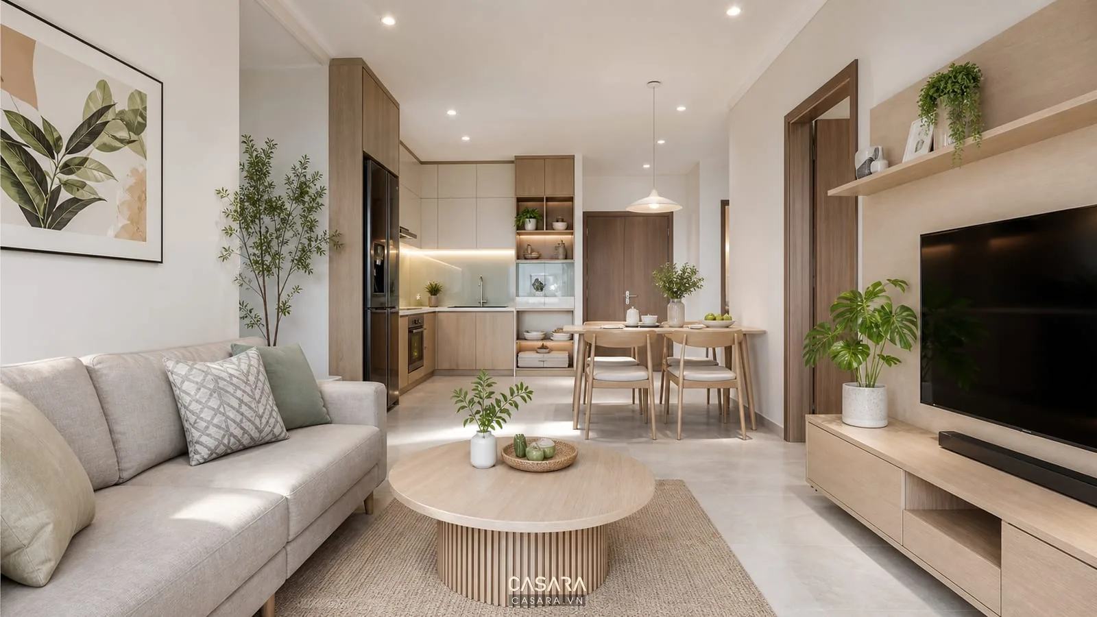 Decor căn hộ 2 phòng ngủ với phòng khách nhỏ có sofa sáng và kệ tivi gỗ