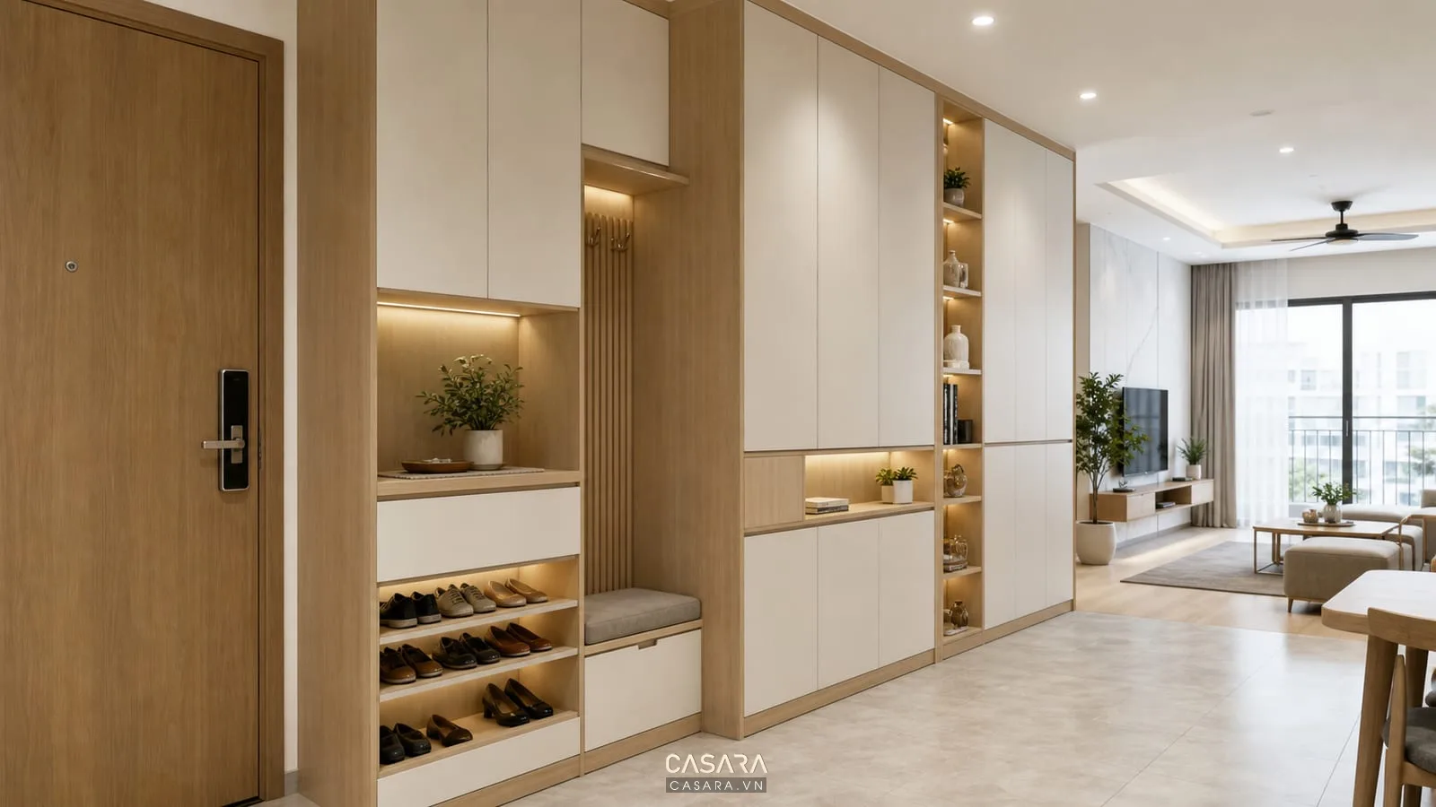 hệ tủ lưu trữ chung cư 90m2 gọn gàng bằng gỗ sáng
