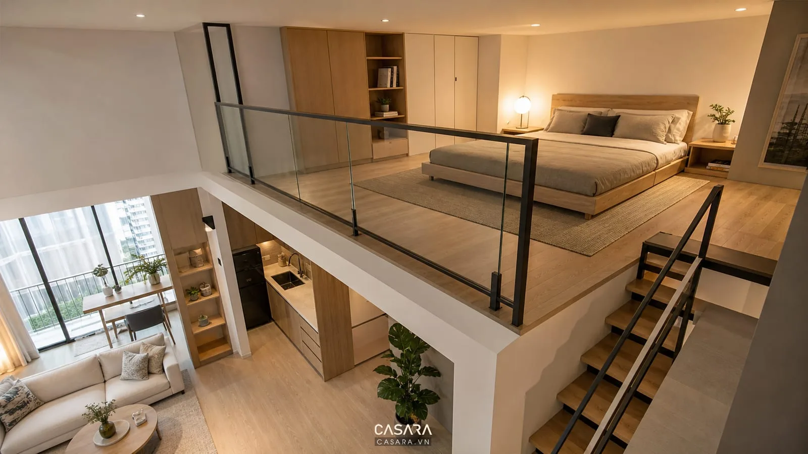 căn hộ chung cư có gác lửng với giường bệt trên gác và tủ thấp