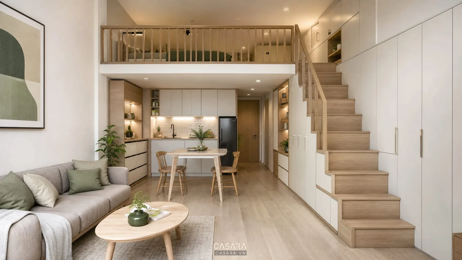 Tầng dưới chung cư gác lửng có sofa thấp bếp nhỏ bàn ăn gọn và cầu thang gỗ