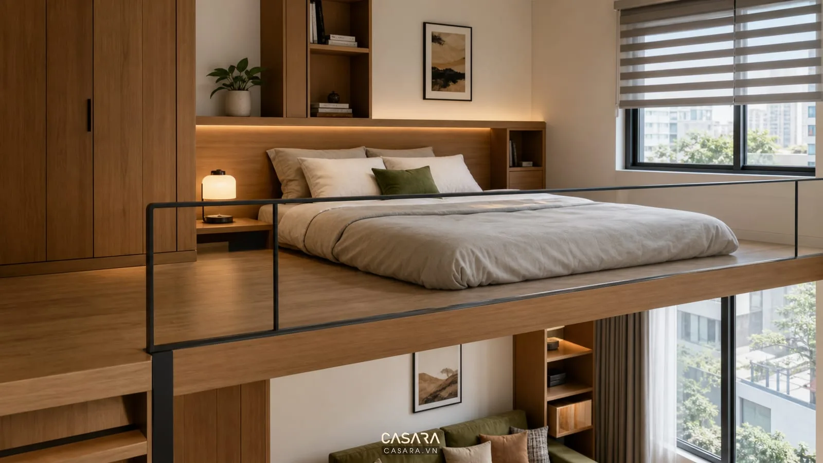 Khu ngủ nệm thấp trên gác lửng căn hộ chung cư hiện đại