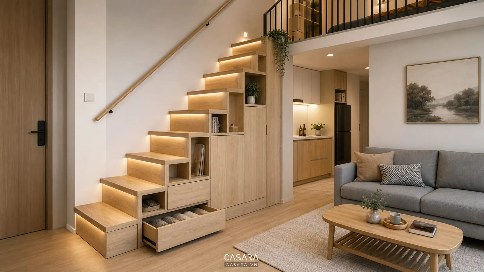 Cầu thang chung cư gác lửng bằng gỗ sáng có hộc tủ tay vịn và đèn hắt bậc