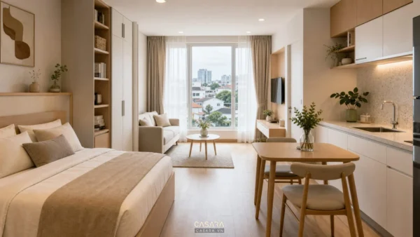 chung cư mini đẹp với giường ngủ và khu sinh hoạt gọn gàng