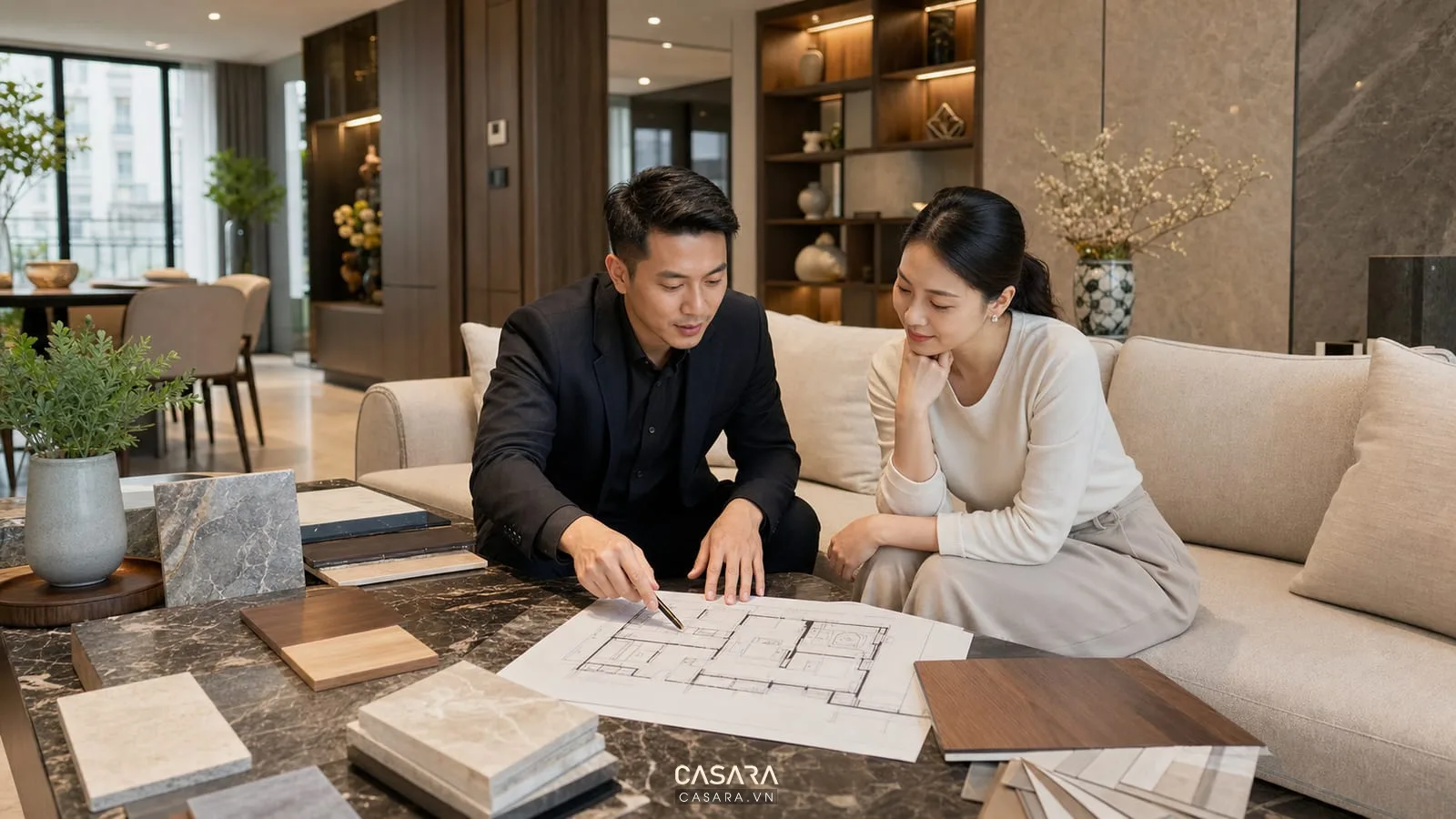 Kiến trúc sư tư vấn thiết kế nội thất văn phòng với bản vẽ và mẫu vật liệu
