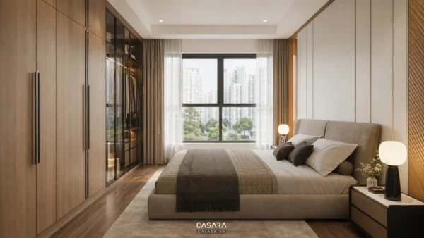 Phòng ngủ chung cư hiện đại có giường bọc nệm, tủ áo kịch trần và cửa sổ lớn