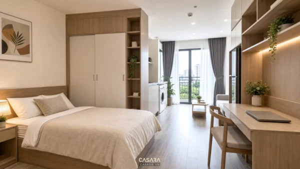 Căn hộ chung cư mini có giường ngủ, tủ quần áo, bàn làm việc và kệ lưu trữ gỗ