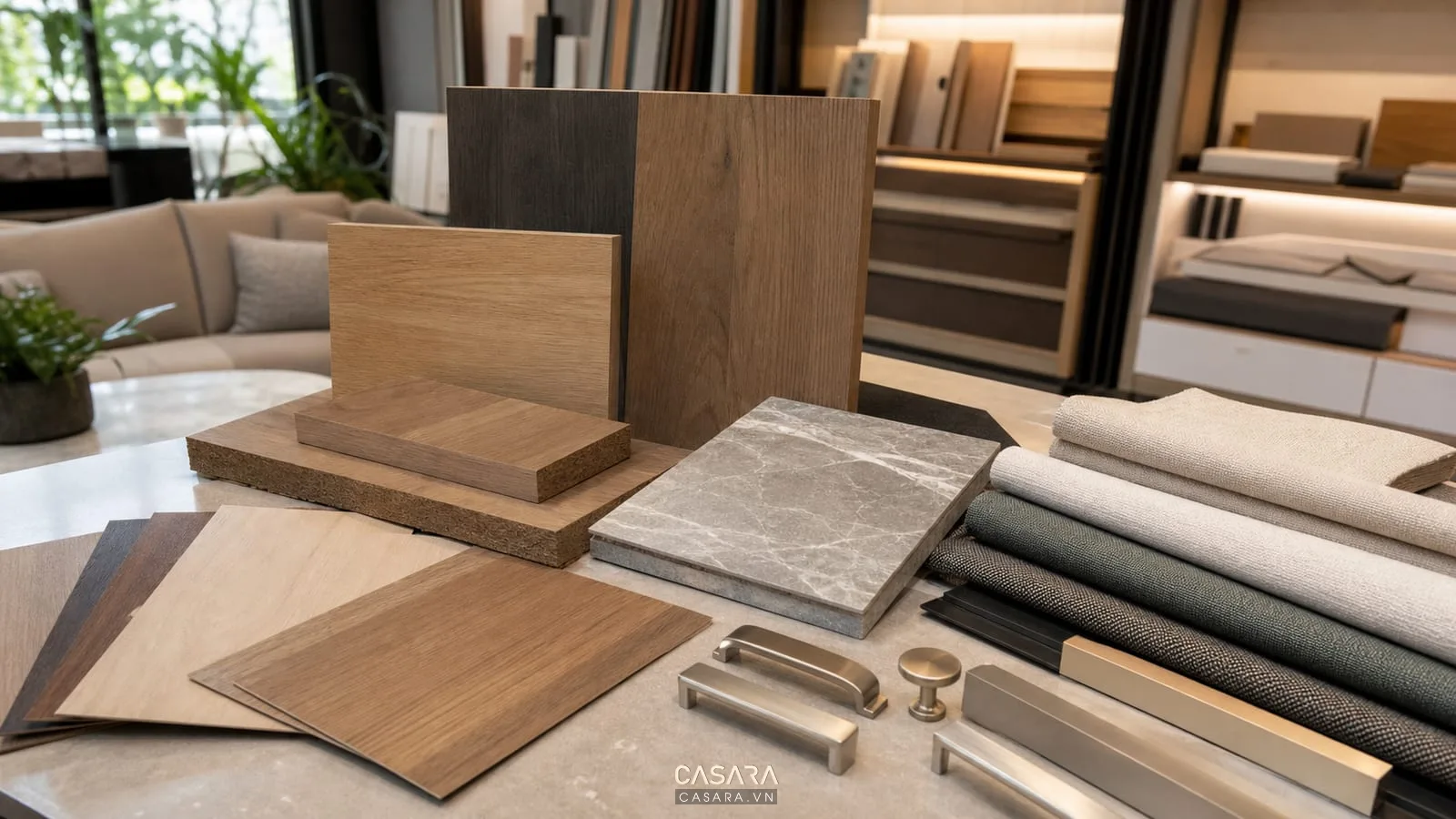 mẫu vật liệu trong thiết kế nội thất với gỗ, đá, vải sofa và phụ kiện kim loại