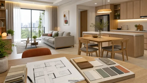 Thiết kế nội thất chung cư với phòng khách bếp mở, bản vẽ mặt bằng và mẫu vật liệu trên bàn tư vấn