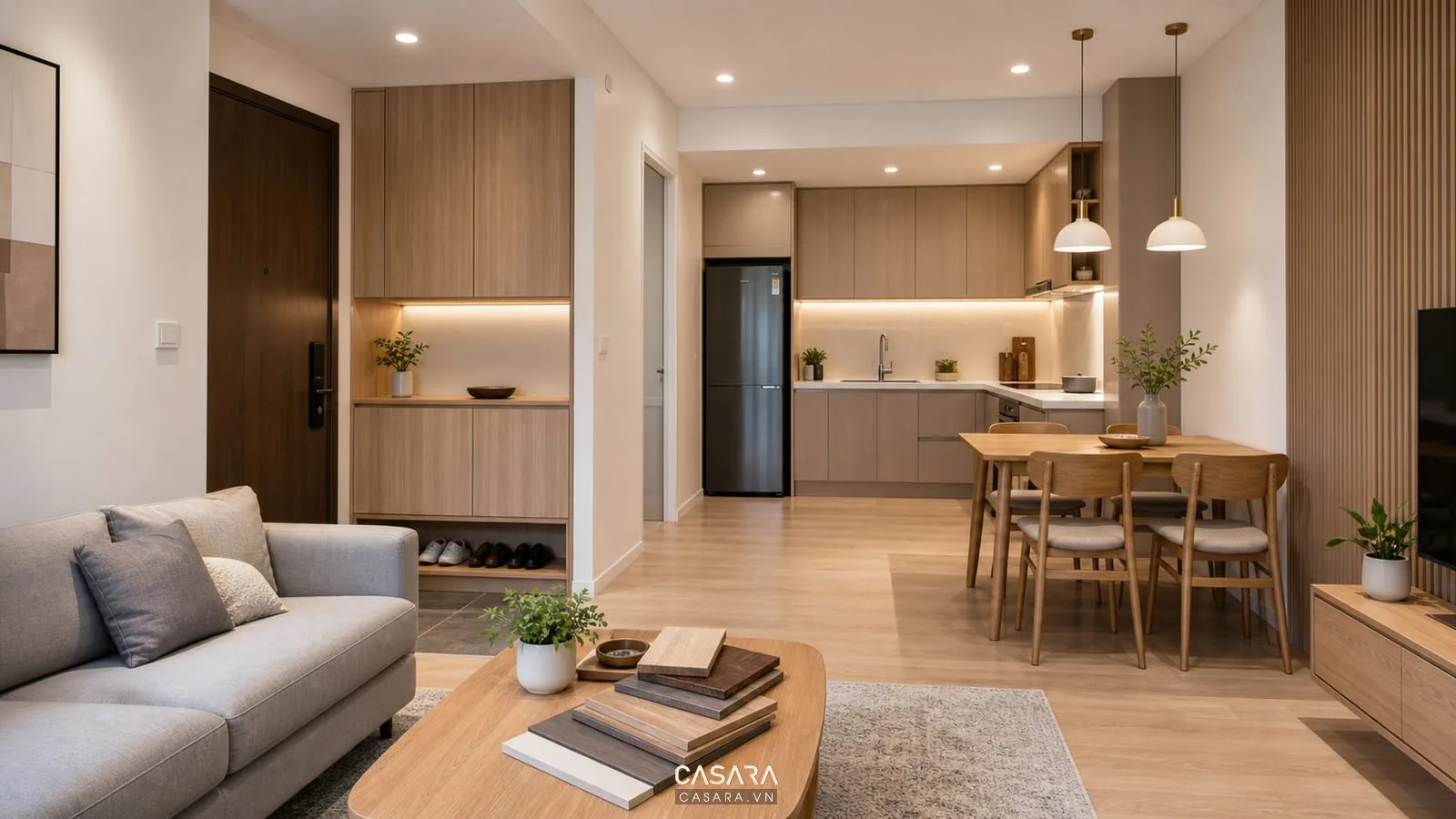 Thiết kế nội thất cơ bản cho căn hộ với sofa nhỏ, bàn ăn gọn, tủ giày và mẫu gỗ công nghiệp