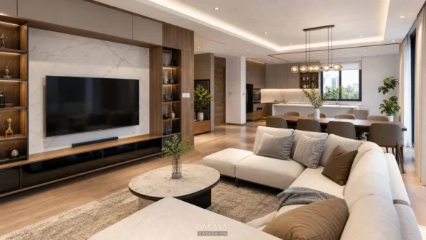 Phòng khách bếp căn hộ hiện đại với sofa, tủ tivi và bàn ăn đồng bộ vật liệu
