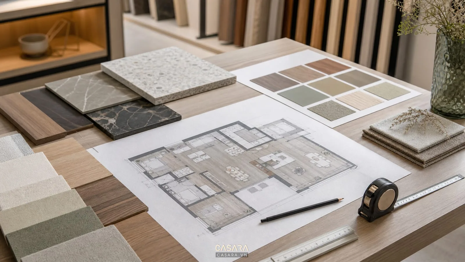 Bản vẽ thiết kế nội thất cùng mẫu gỗ vải đá và bảng màu vật liệu