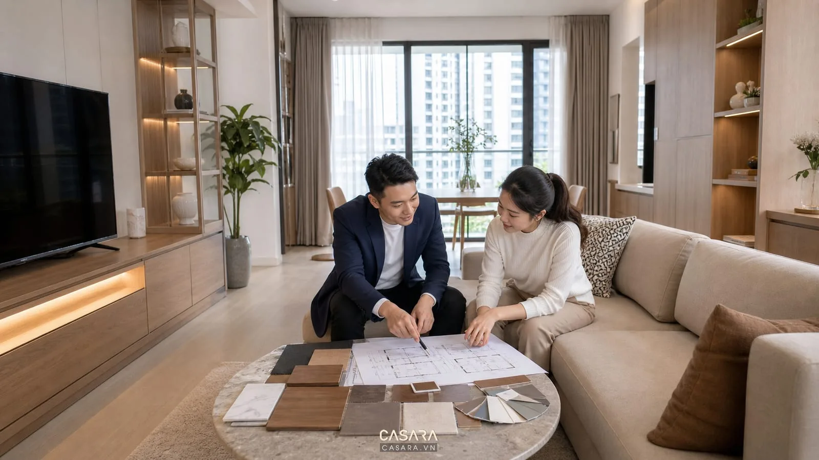 tư vấn mẫu nội thất phòng khách với bản vẽ bố cục và vật liệu