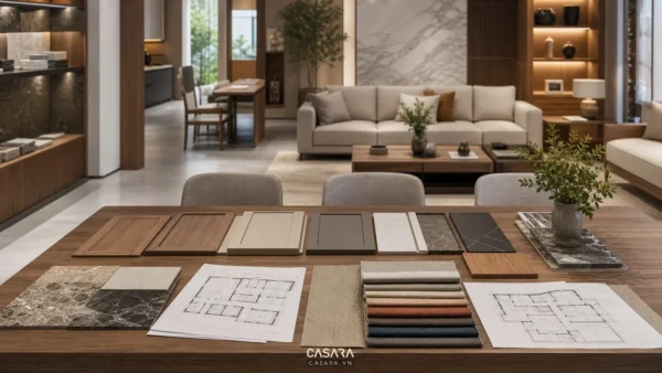 showroom công ty kiến trúc nội thất với mẫu vật liệu gỗ đá vải sofa cánh tủ và bản vẽ mặt bằng