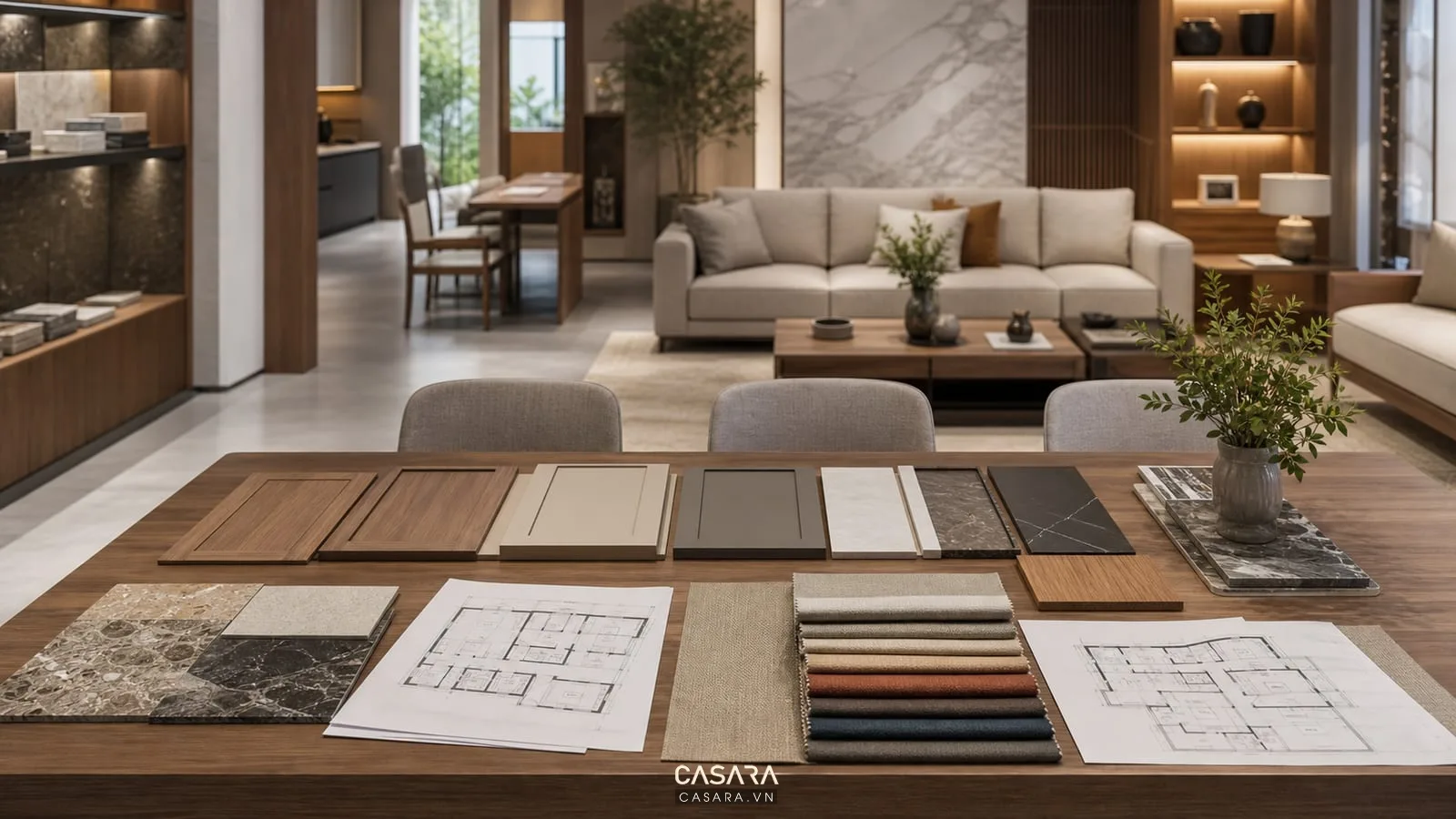 showroom công ty kiến trúc nội thất với mẫu vật liệu gỗ đá vải sofa cánh tủ và bản vẽ mặt bằng