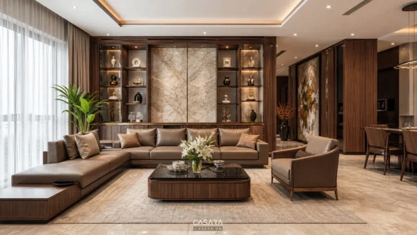 Phòng khách nội thất cao cấp với sofa, bàn trà, tủ trang trí và vật liệu gỗ đá