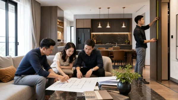 Công ty thi công nội thất chung cư tư vấn phòng khách bếp và đo đạc hiện trạng căn hộ