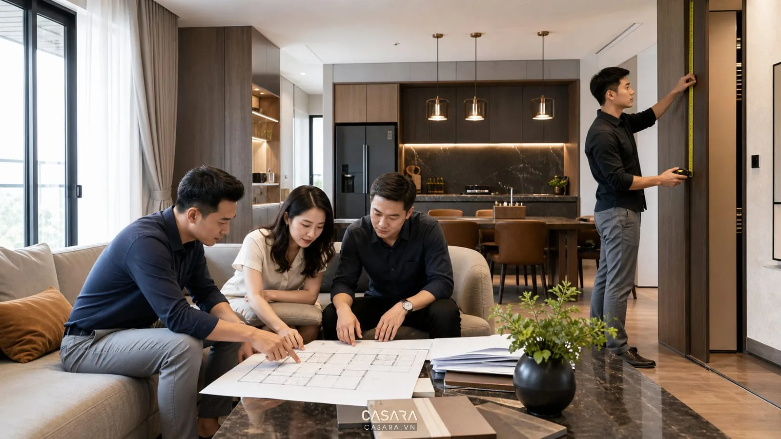 Công ty thi công nội thất chung cư tư vấn phòng khách bếp và đo đạc hiện trạng căn hộ