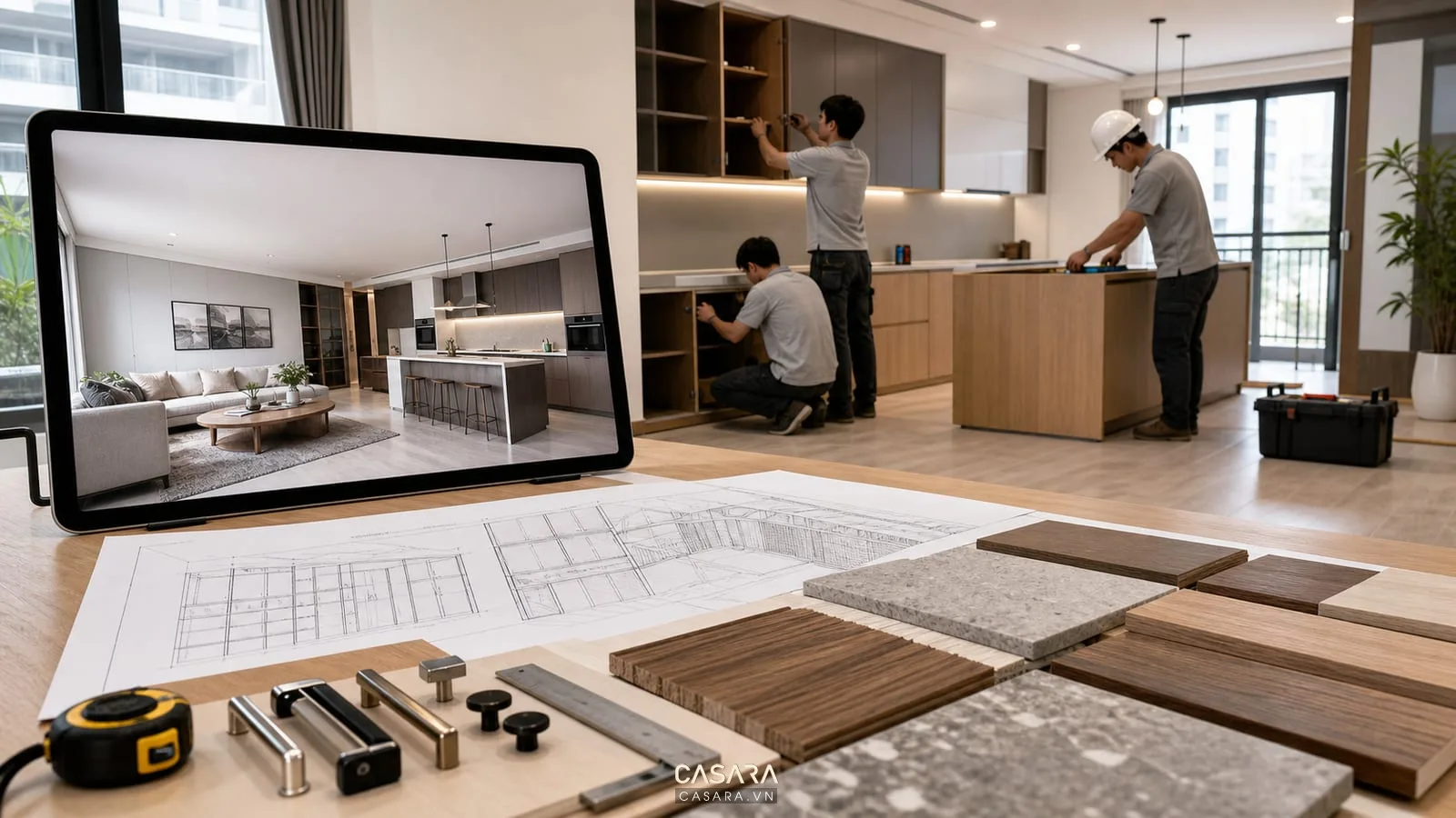 Quy trình công ty thi công nội thất chung cư với phối cảnh bản vẽ vật liệu và lắp đặt