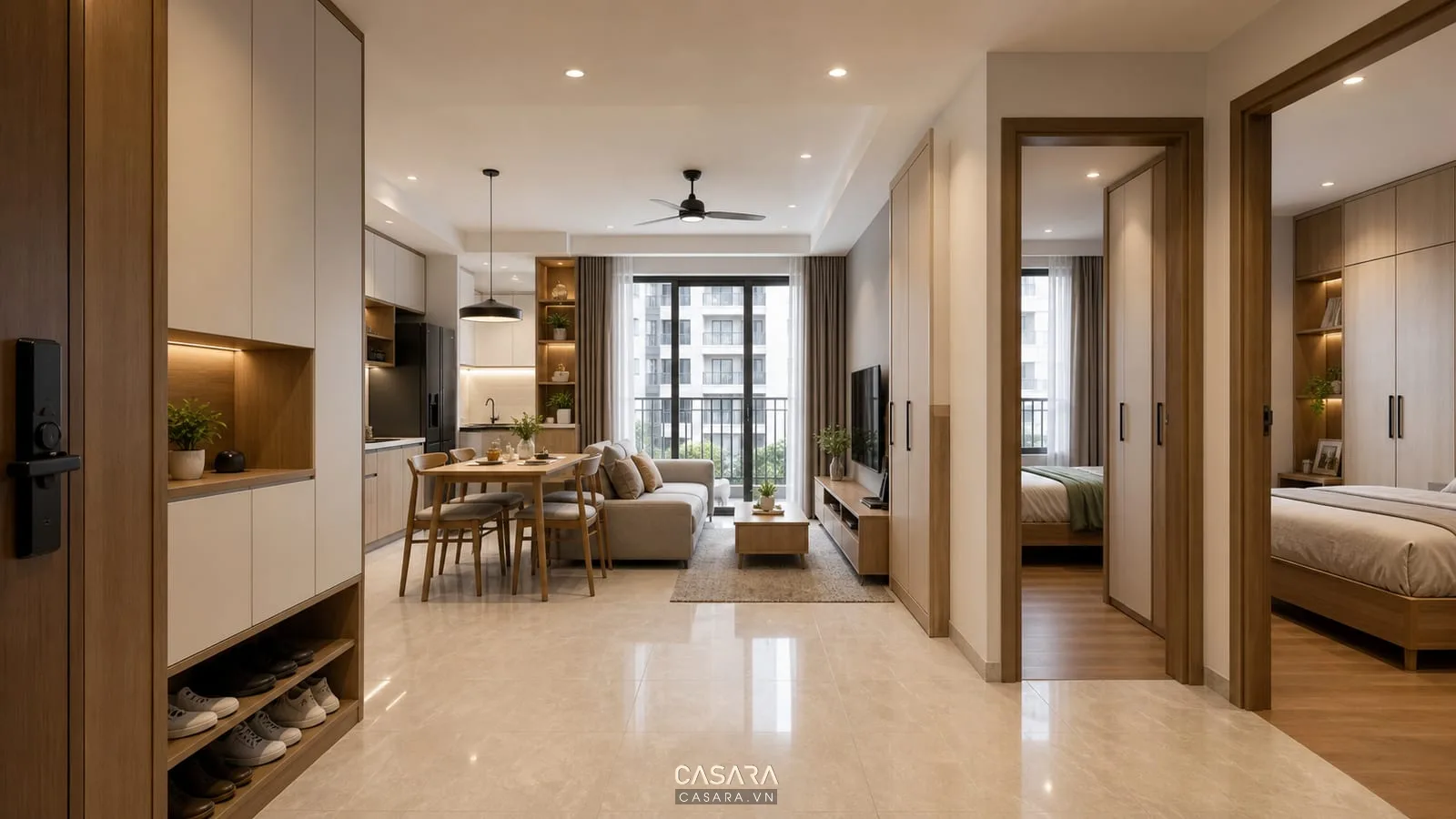 Thi công nội thất chung cư 70m2 với phòng khách bếp hai phòng ngủ và hệ tủ lưu trữ